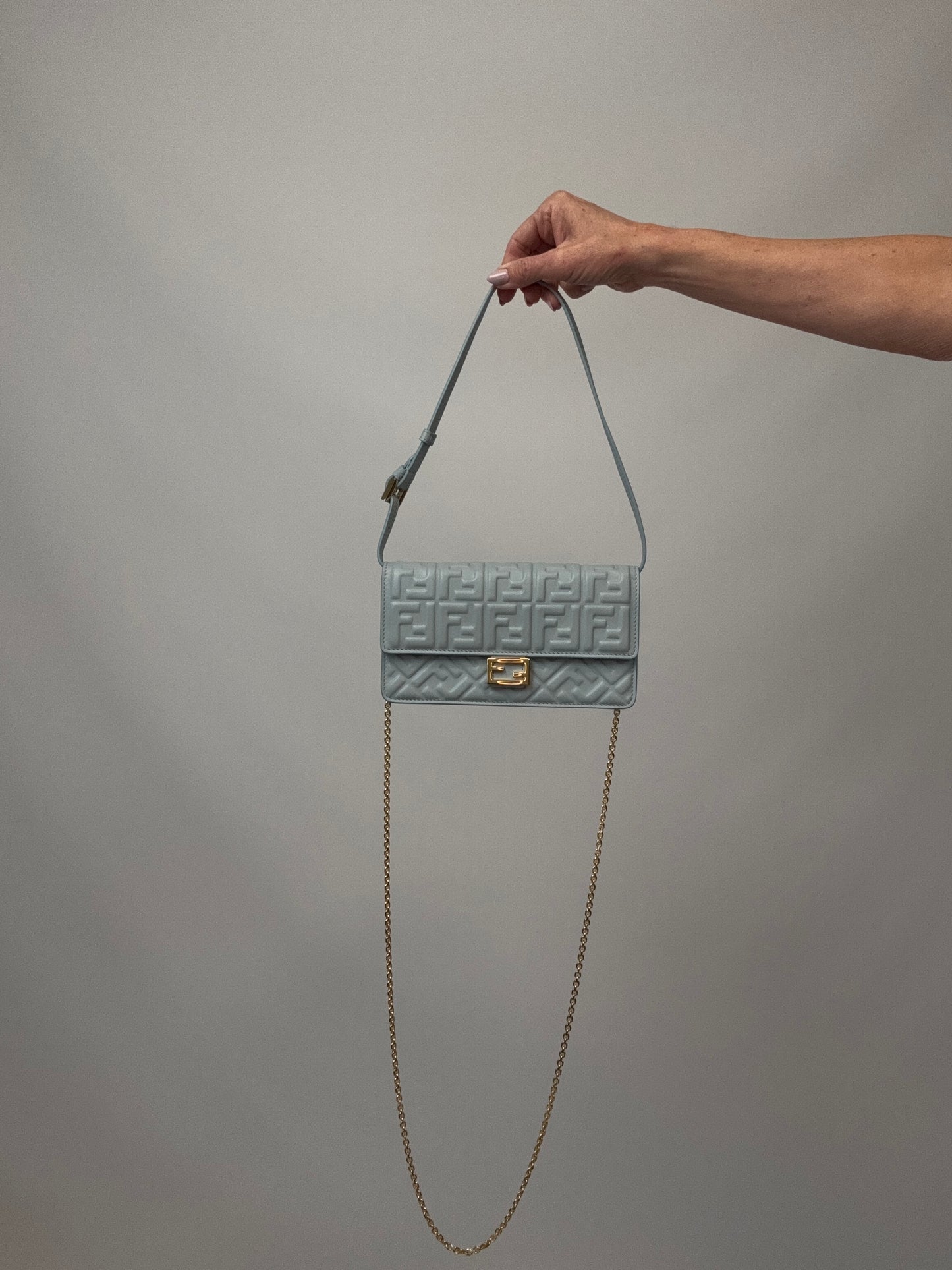 Fendi Wallet On Chain Baguette - Light Blue with both straps