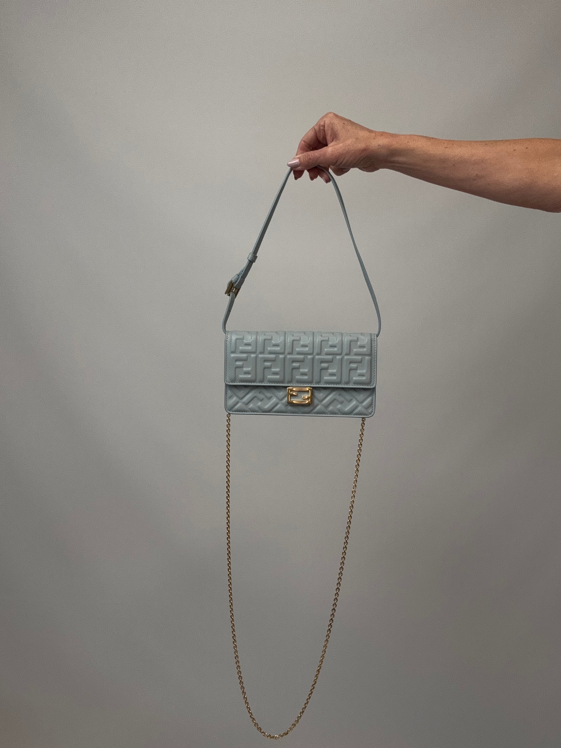 Fendi Wallet On Chain Baguette - Light Blue with both straps