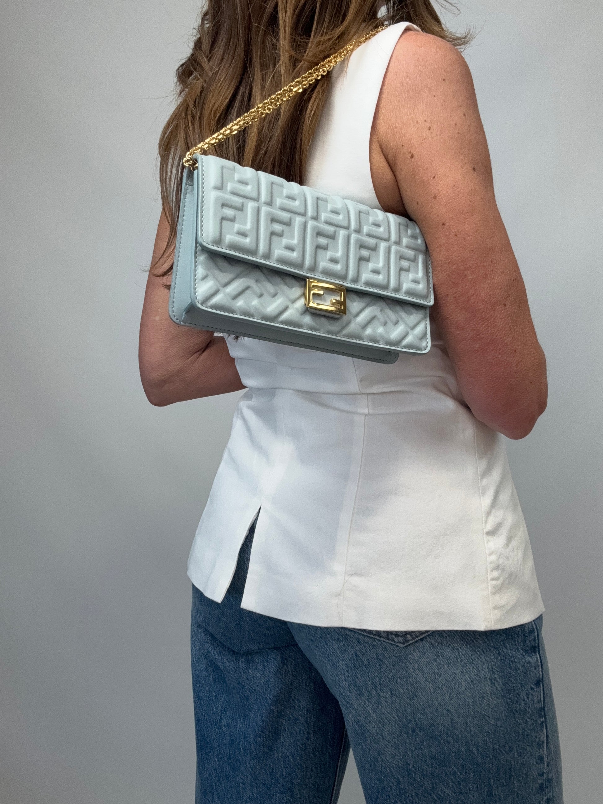 Fendi Wallet On Chain Baguette - Light Blue modeled image 4