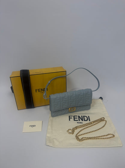 Fendi Wallet On Chain Baguette - Light Blue with dust bag, chain strap, card and box