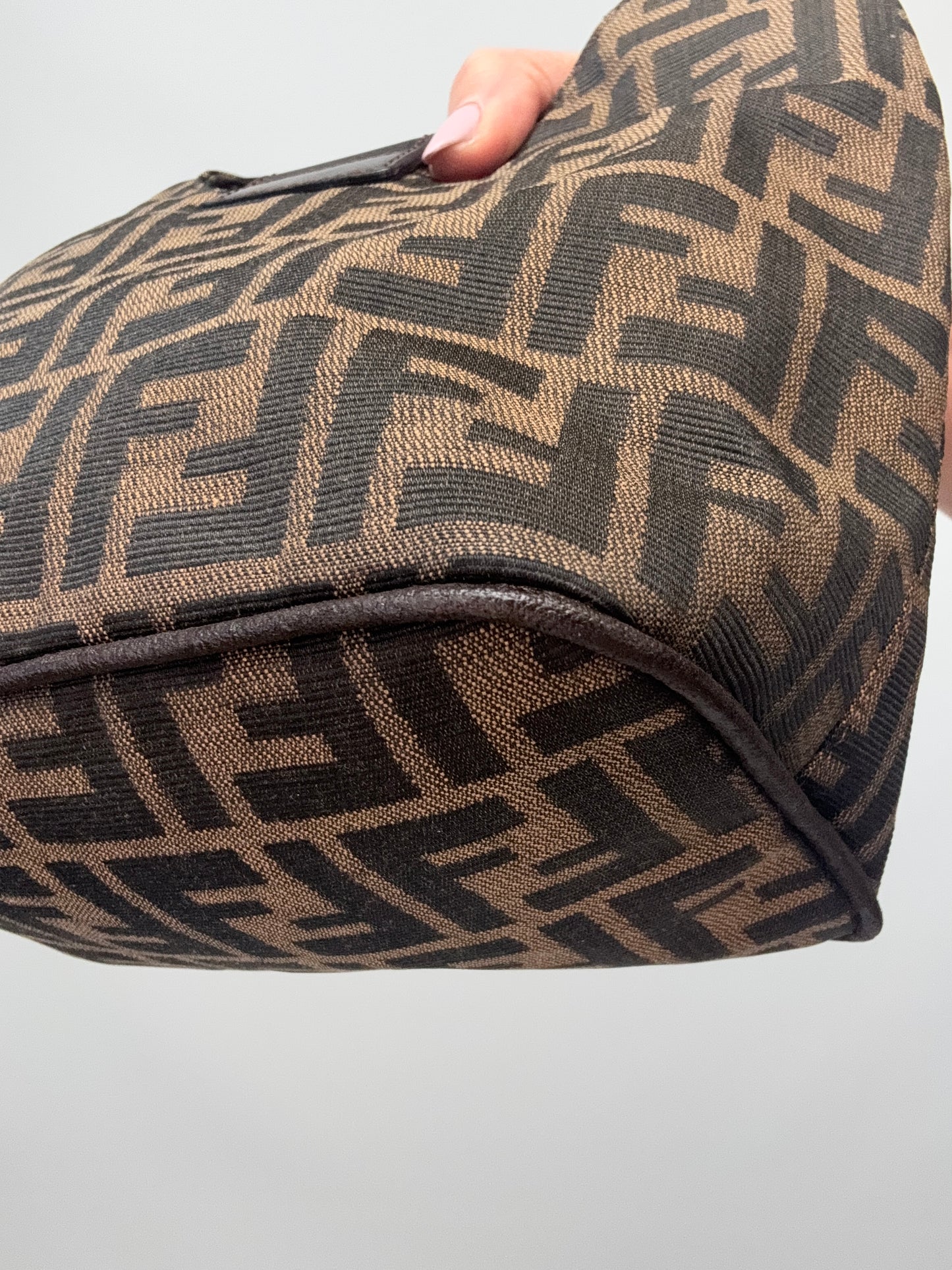 Fendi Zucca Mamma Baguette Shoulder Bag back right bottom corner