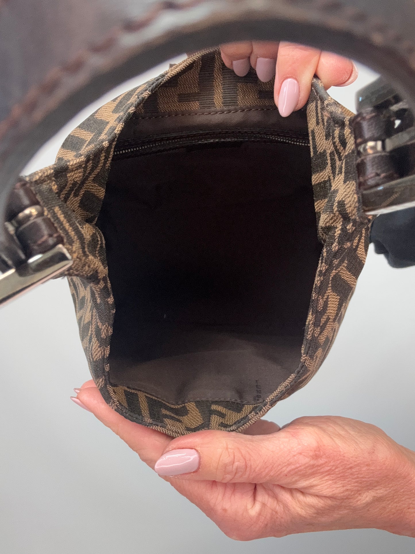 Fendi Zucca Mamma Baguette Shoulder Bag interior of handbag