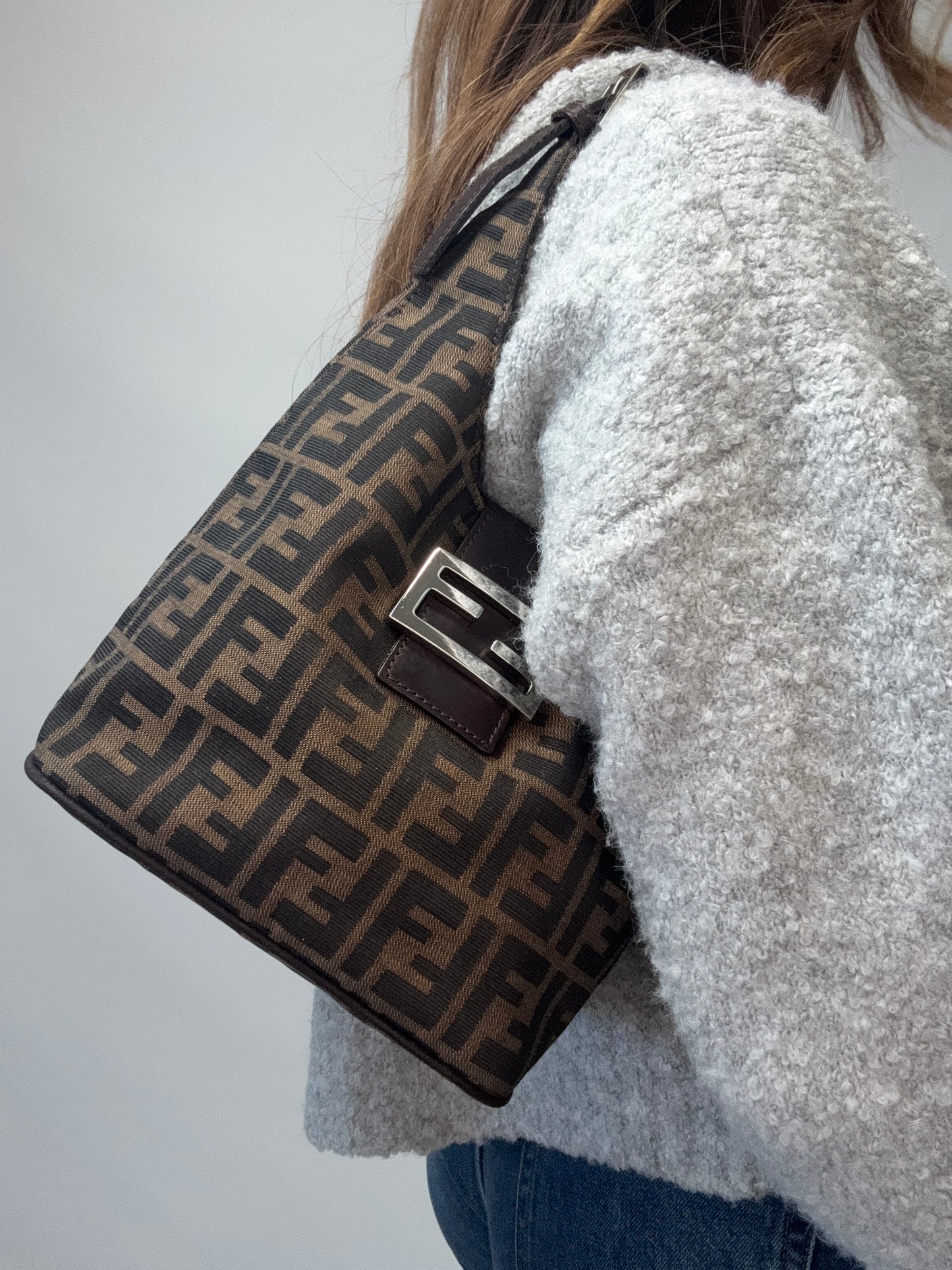 Fendi Zucca Mamma Baguette Shoulder Bag modeled as shoulder bag