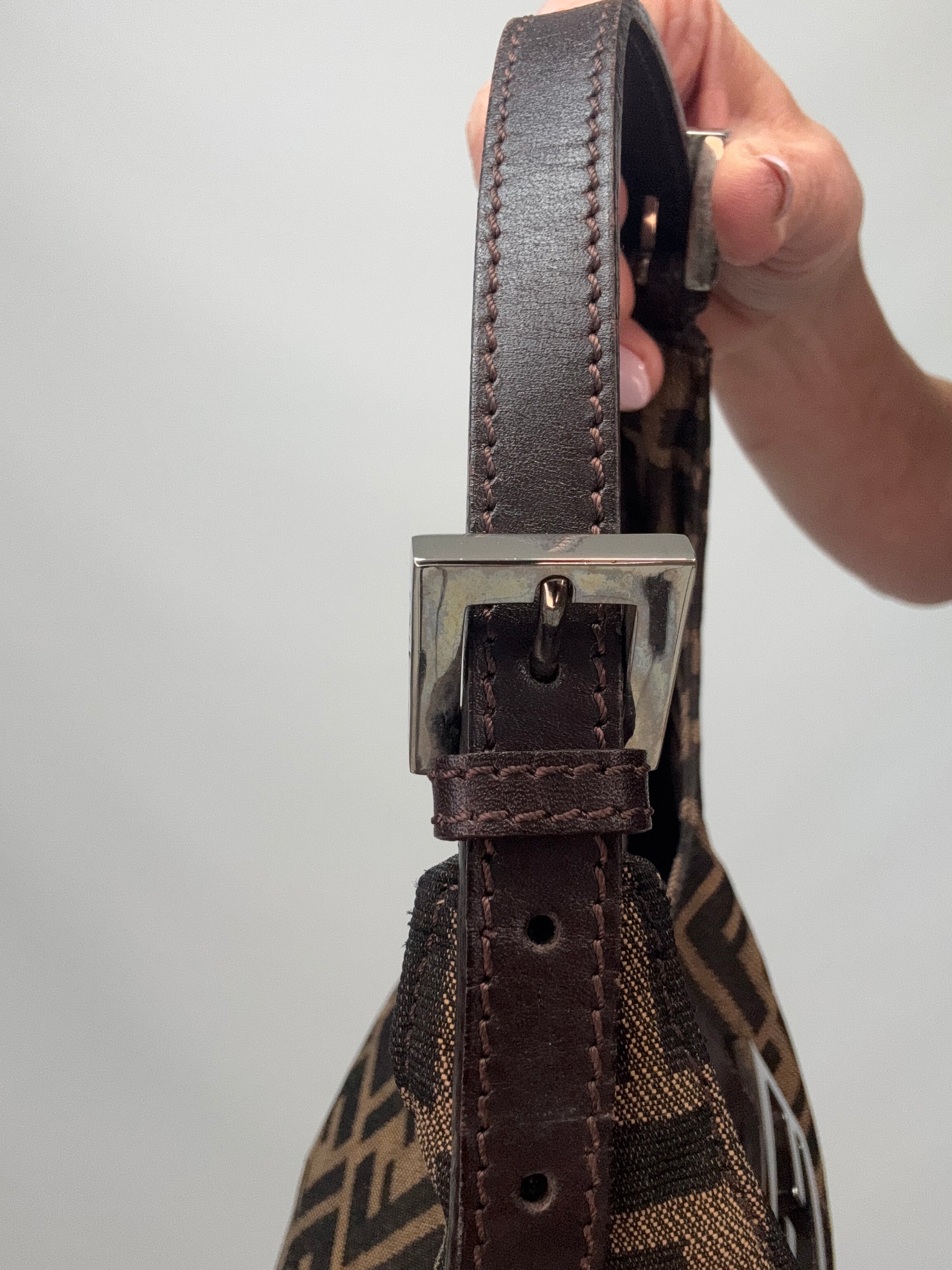 Fendi Zucca Mamma Baguette Shoulder Bag strap with buckle