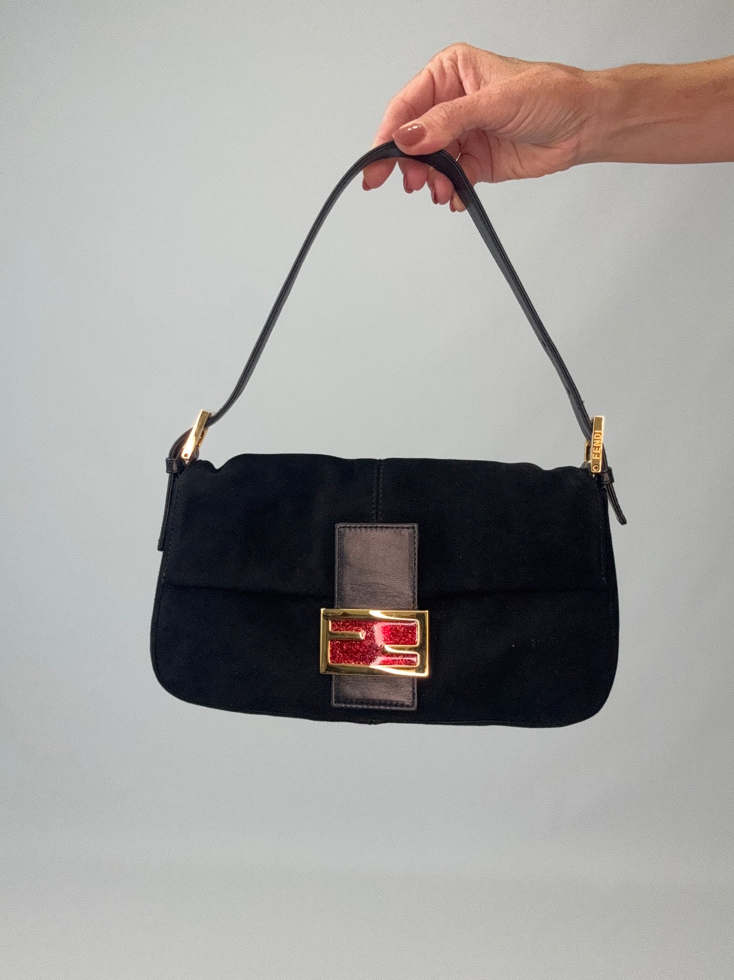 Fendi Black Suede Baguette with Red Glitter Enamel Logo