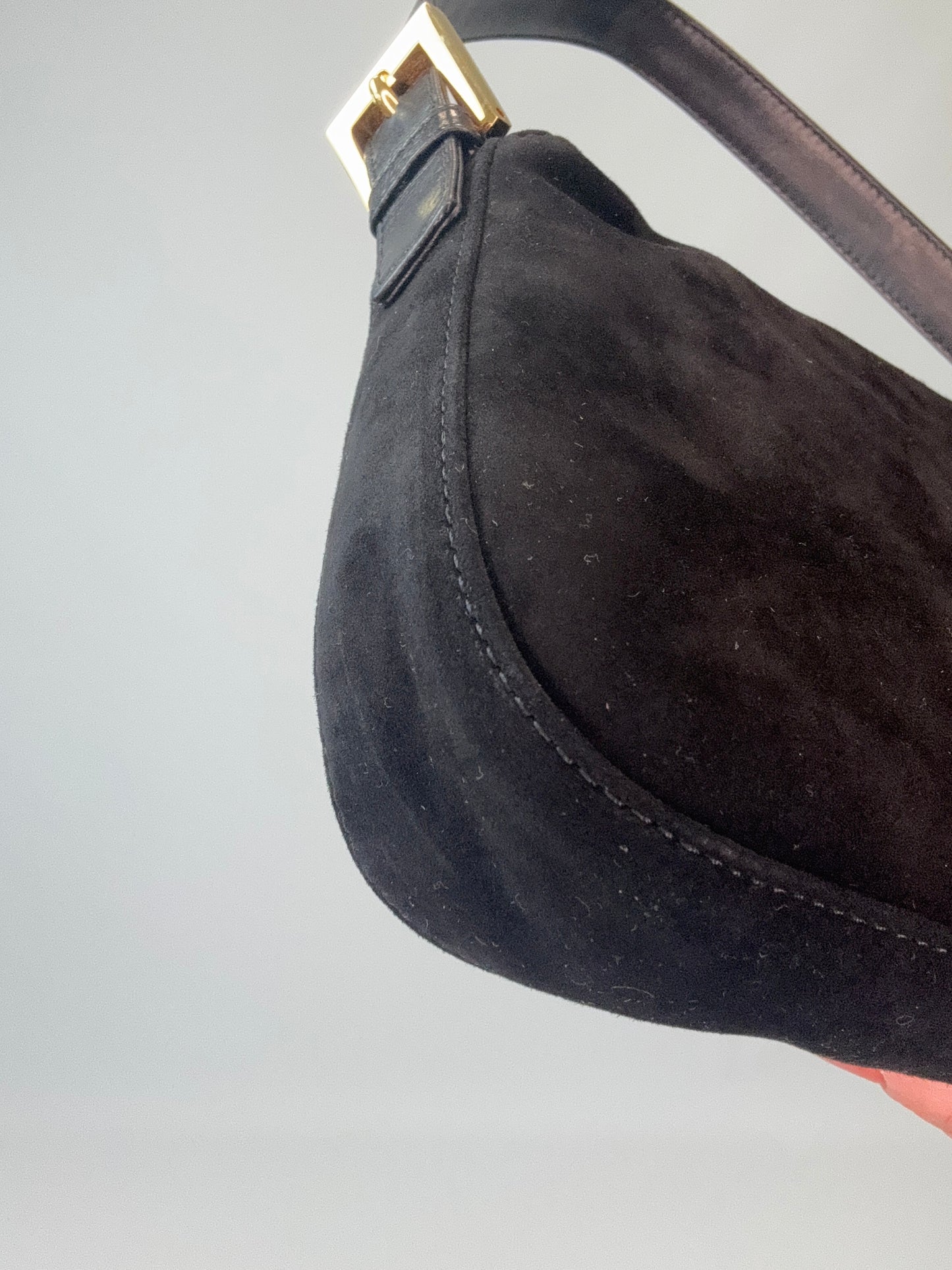 Fendi Black Suede Baguette with Red Glitter Enamel Logo