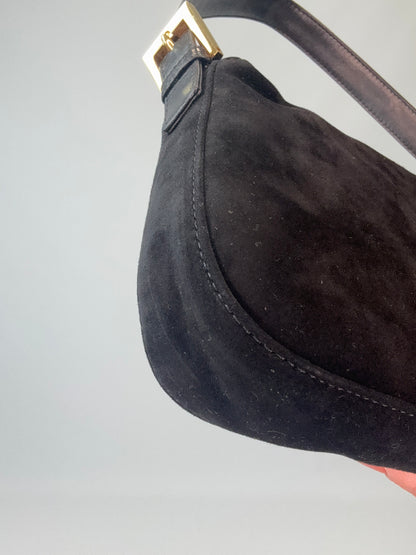 Fendi Black Suede Baguette with Red Glitter Enamel Logo