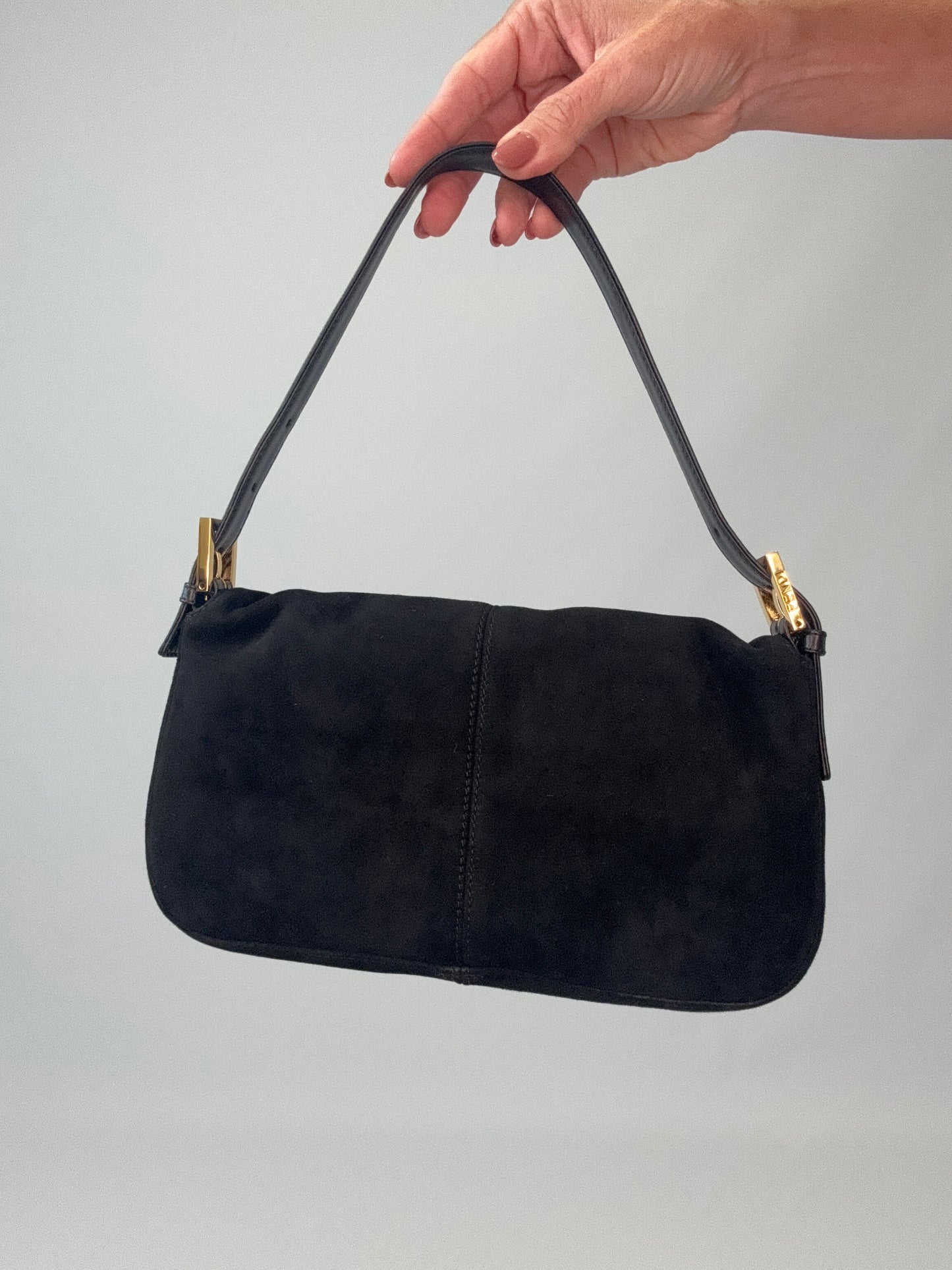 Fendi Black Suede Baguette with Red Glitter Enamel Logo