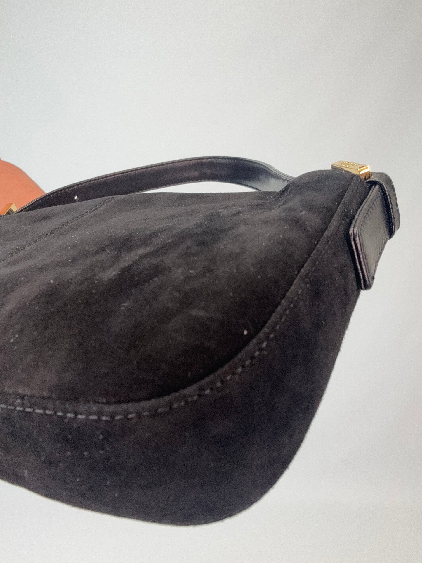 Fendi Black Suede Baguette with Red Glitter Enamel Logo