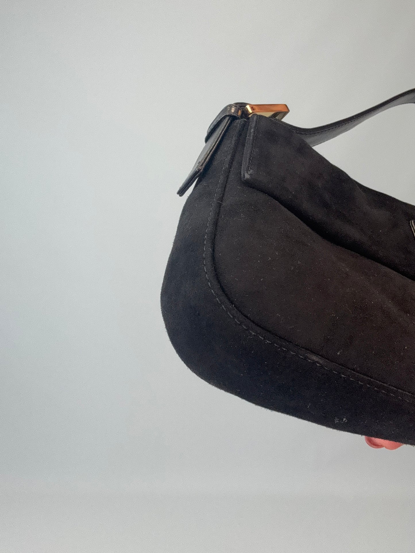 Fendi Black Suede Baguette with Red Glitter Enamel Logo