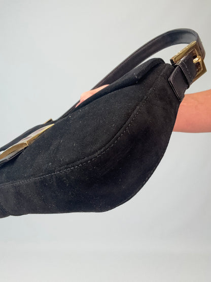 Fendi Black Suede Baguette with Red Glitter Enamel Logo