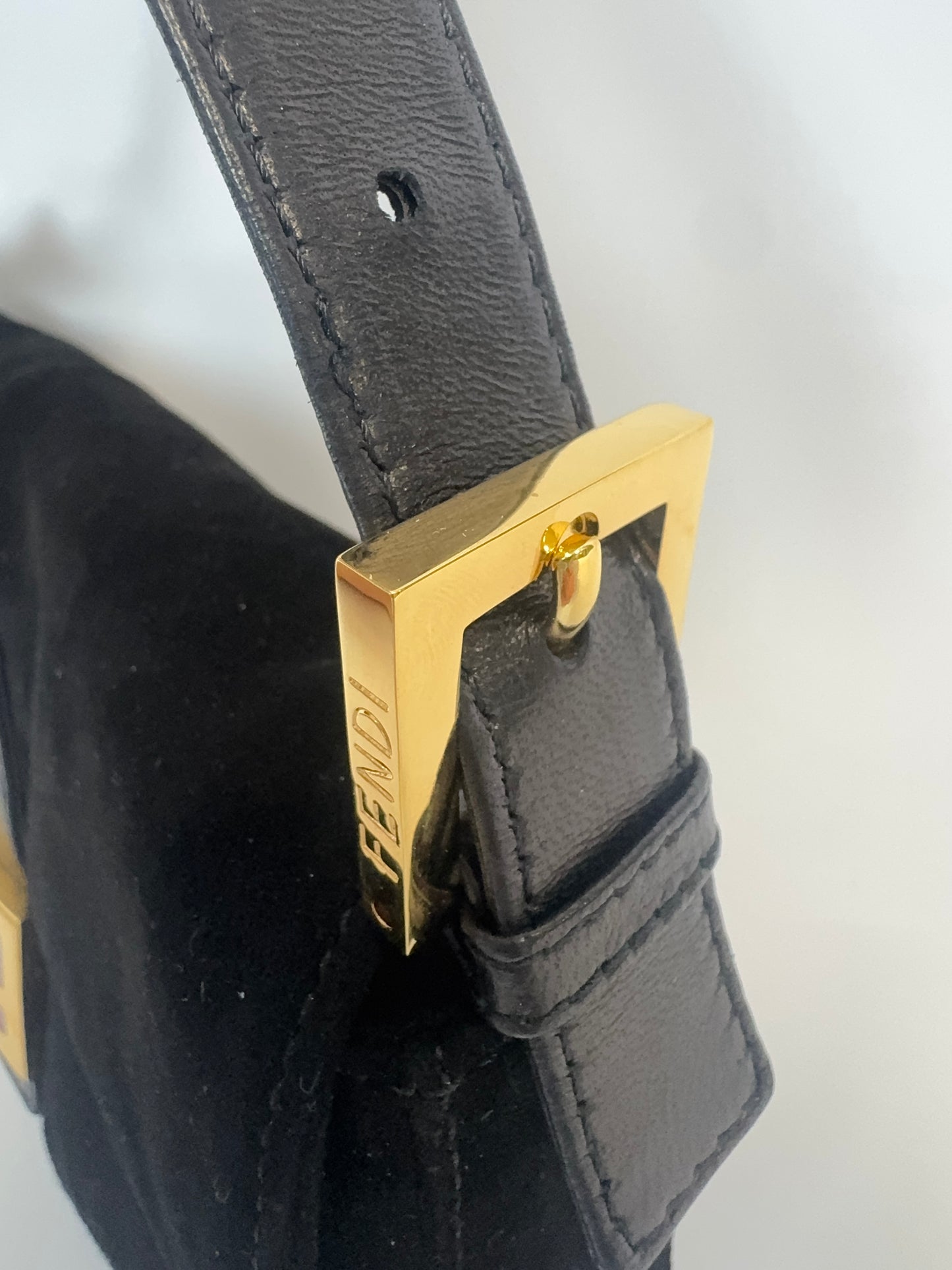 Fendi Black Suede Baguette with Red Glitter Enamel Logo