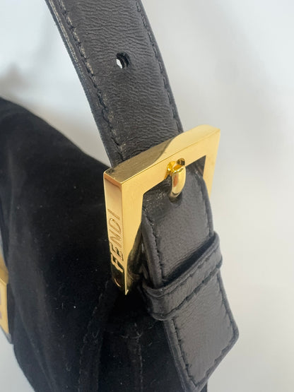 Fendi Black Suede Baguette with Red Glitter Enamel Logo