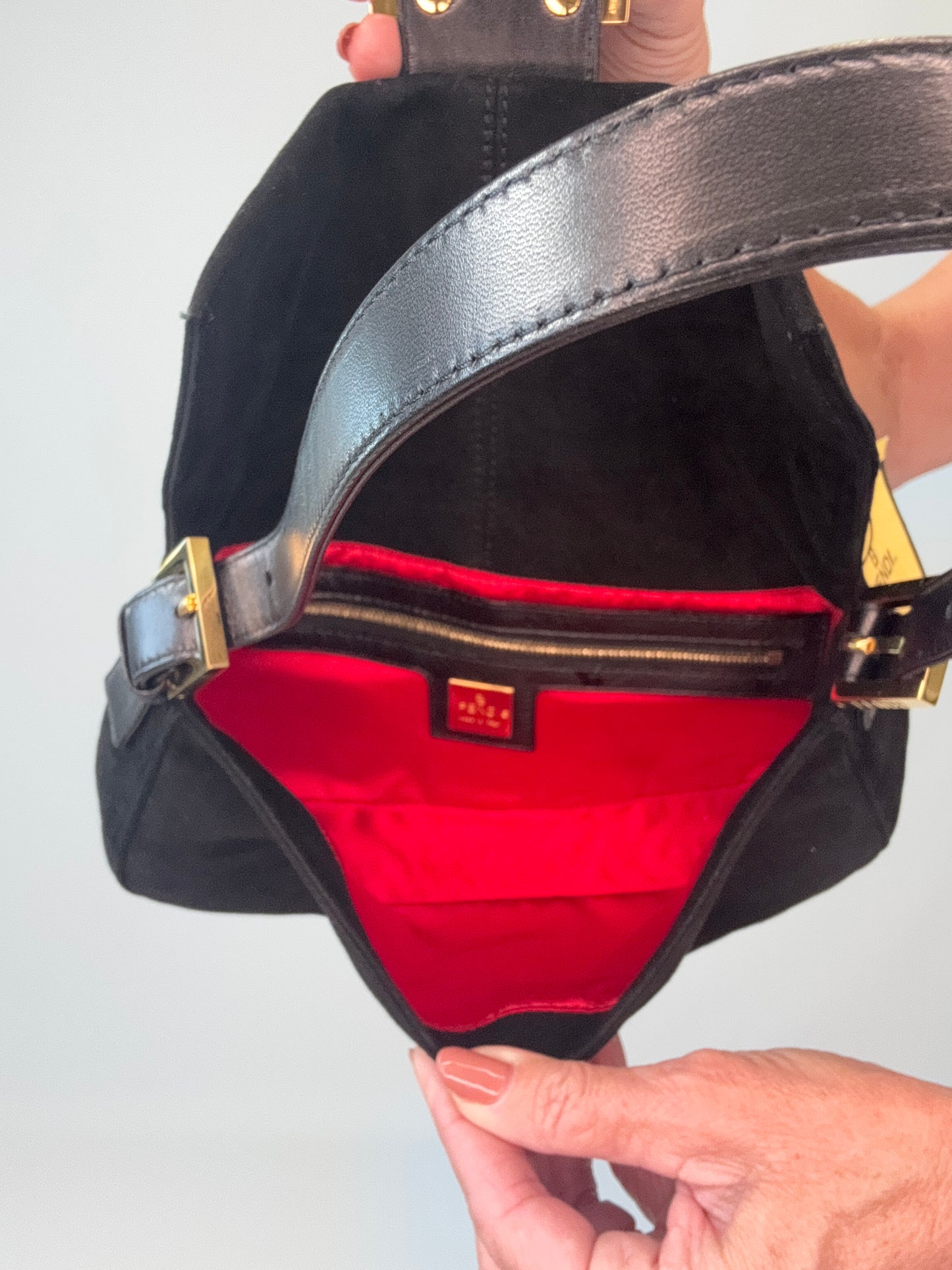 Fendi Black Suede Baguette with Red Glitter Enamel Logo