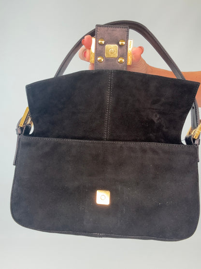 Fendi Black Suede Baguette with Red Glitter Enamel Logo