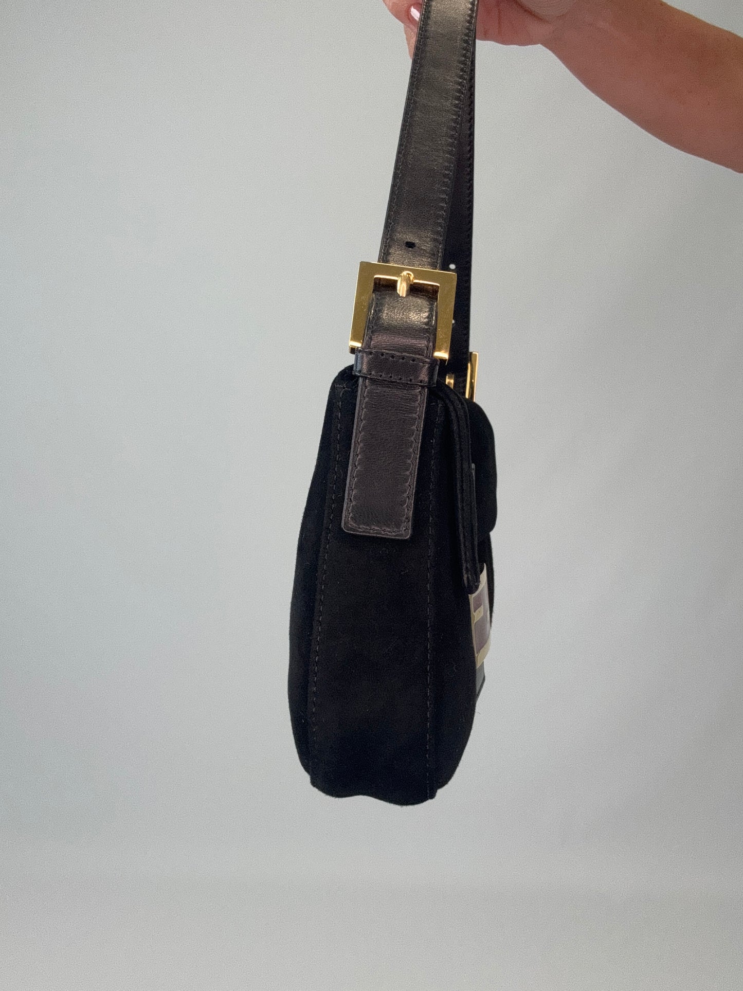 Fendi Black Suede Baguette with Red Glitter Enamel Logo