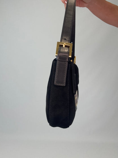 Fendi Black Suede Baguette with Red Glitter Enamel Logo