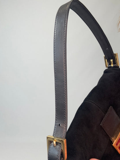 Fendi Black Suede Baguette with Red Glitter Enamel Logo