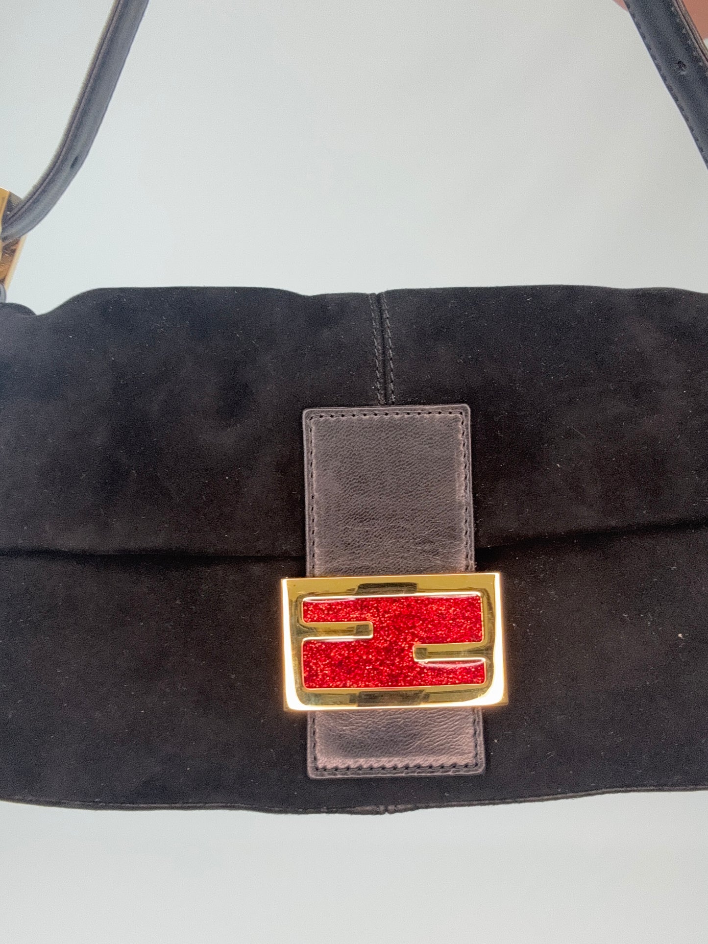 Fendi Black Suede Baguette with Red Glitter Enamel Logo