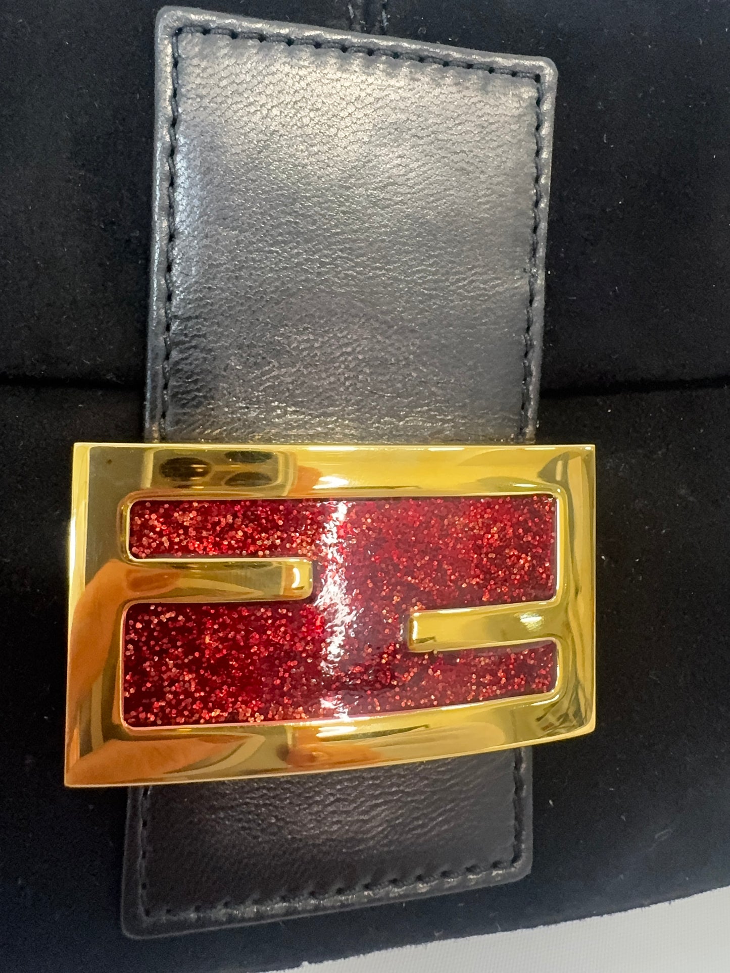 Fendi Black Suede Baguette with Red Glitter Enamel Logo