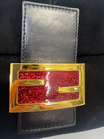 Fendi Black Suede Baguette with Red Glitter Enamel Logo
