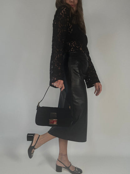 Fendi Black Suede Baguette with Red Glitter Enamel Logo