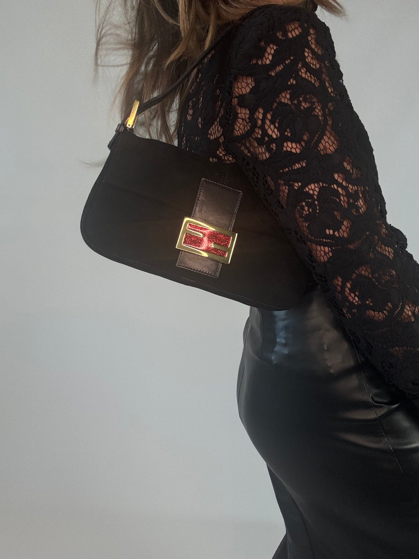 Fendi Black Suede Baguette with Red Glitter Enamel Logo