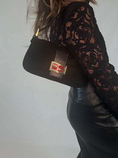 Fendi Black Suede Baguette with Red Glitter Enamel Logo