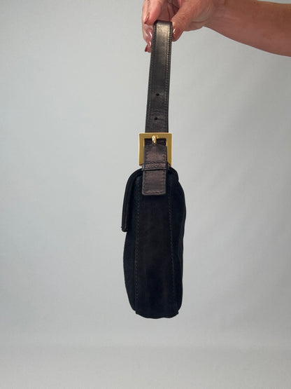 Fendi Black Suede Baguette with Red Glitter Enamel Logo