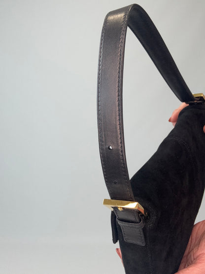 Fendi Black Suede Baguette with Red Glitter Enamel Logo