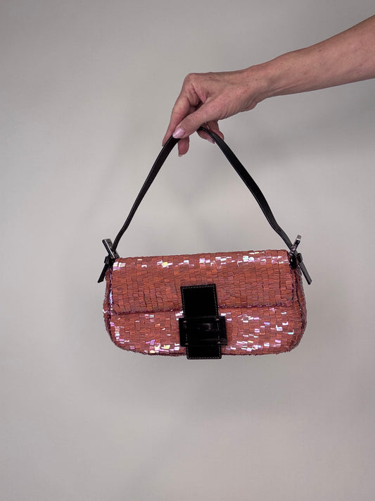 Fendi Pink Coral Iridedescent Sequin Baguette
