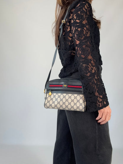 Gucci GG Supreme Sherry Line Shoulder Bag - Navy Blue