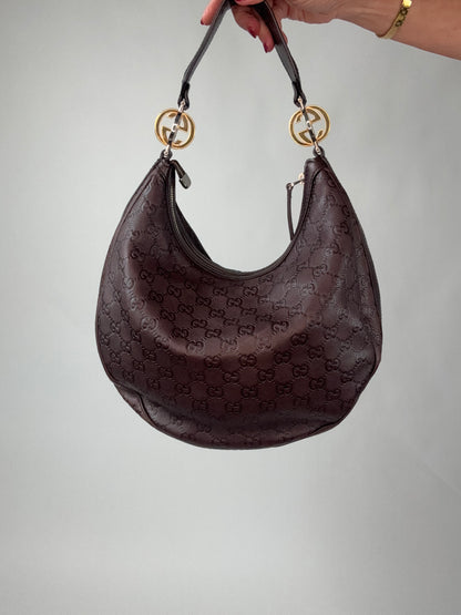 Gucci Brown Leather Guccissima GG Twins Hobo