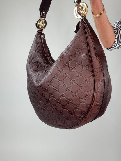 Gucci Brown Leather Guccissima GG Twins Hobo