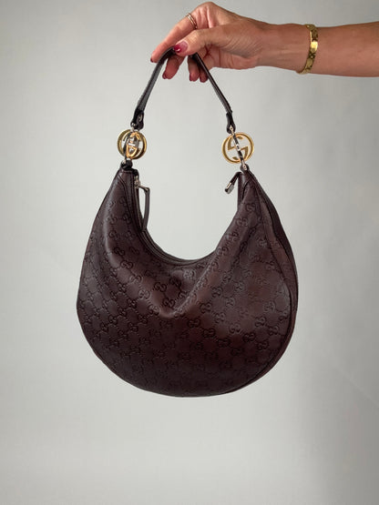 Gucci Brown Leather Guccissima GG Twins Hobo