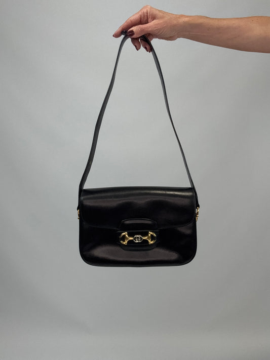 Gucci Horsebit 1955 Shoulder Bag with Gold and Silver Logo - Black