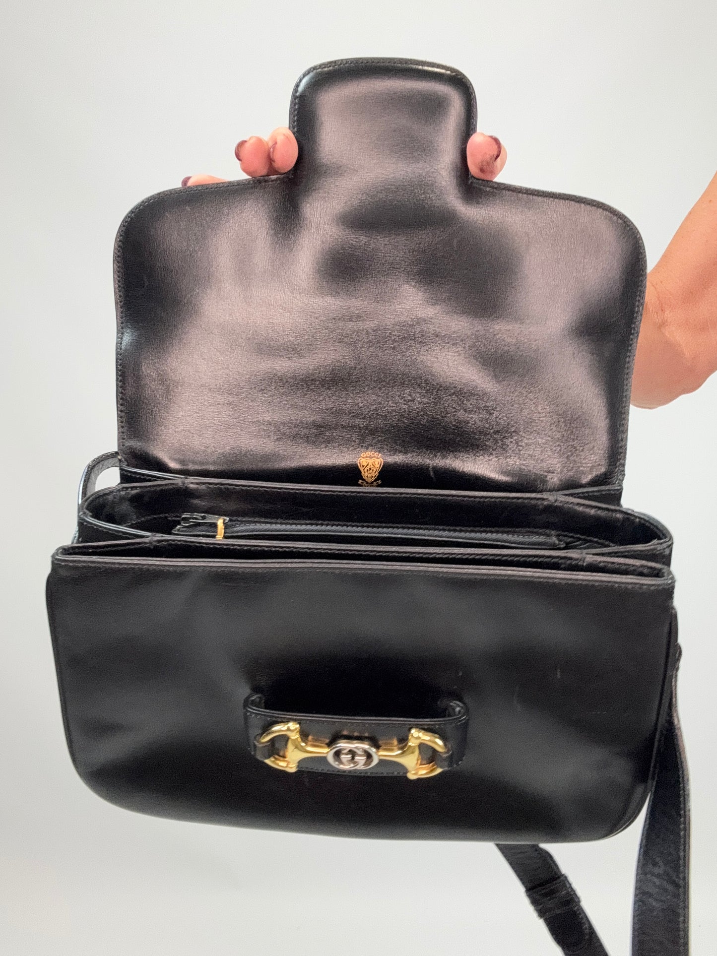 Gucci Horsebit 1955 Shoulder Bag with Gold and Silver Logo - Black