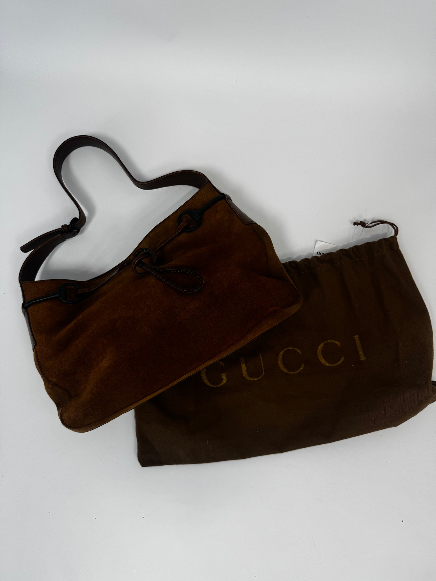 Gucci Suede Horsebit Drawstring Shoulder Bag