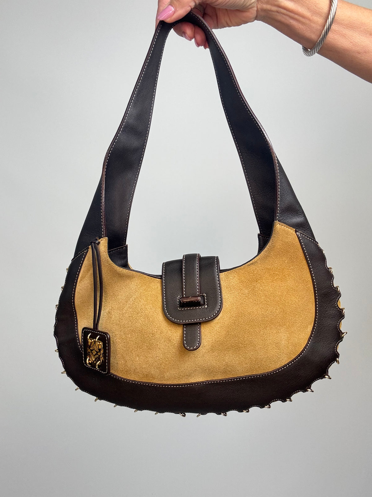 Loewe Vintage Suede & Leather Ring-Trim Hobo Bag