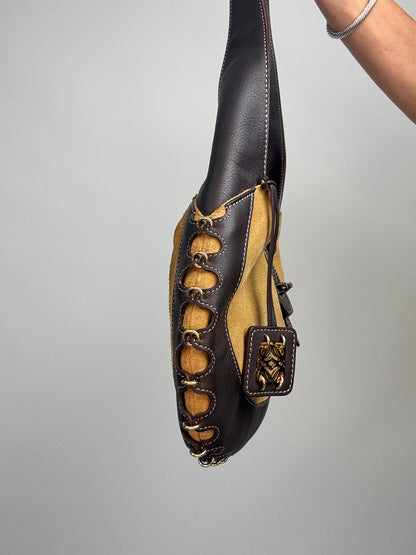 Loewe Vintage Suede & Leather Ring-Trim Hobo Bag