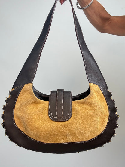 Loewe Vintage Suede & Leather Ring-Trim Hobo Bag