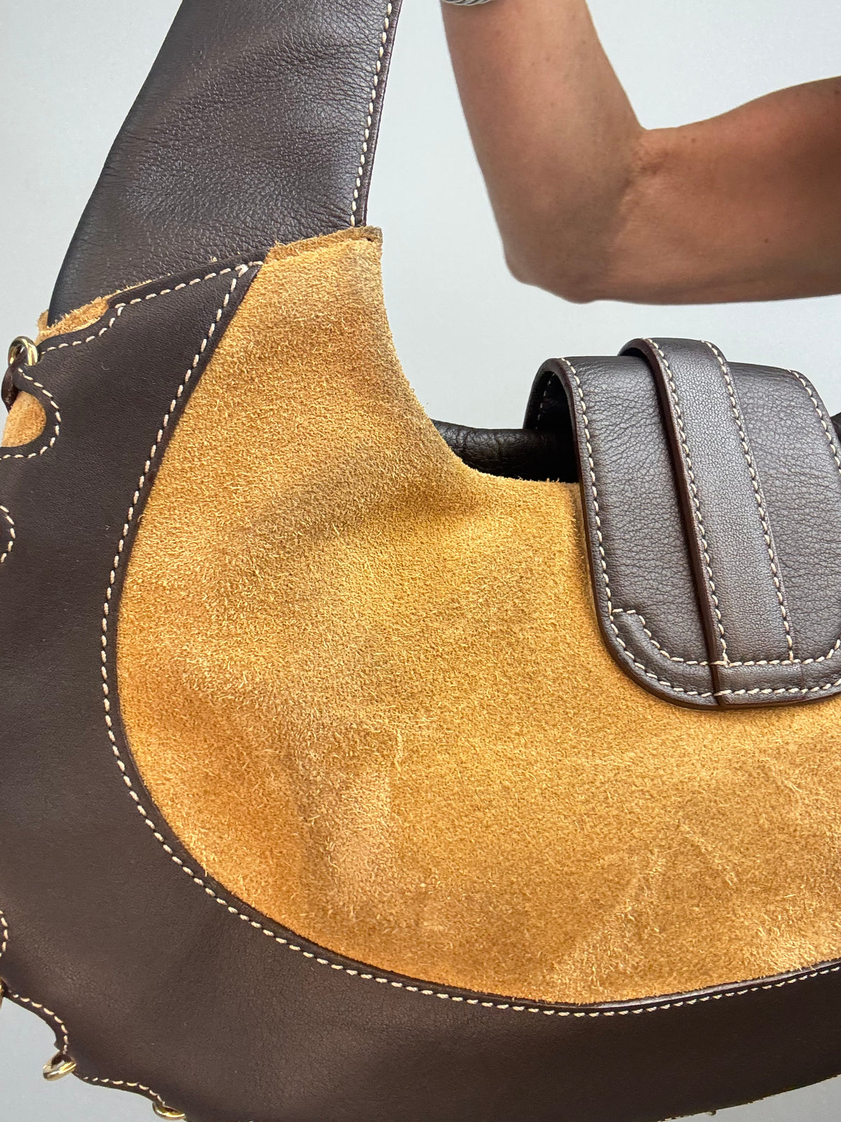 Loewe Vintage Suede & Leather Ring-Trim Hobo Bag