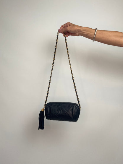 Chanel Vintage 1986–1988 Quilted Lambskin Tassel Camera Bag — Black