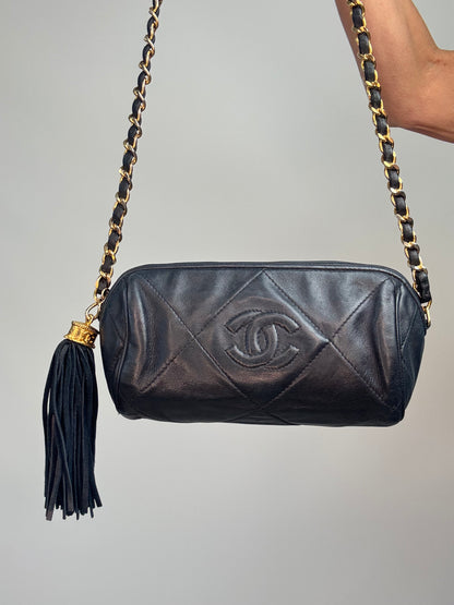 Chanel Vintage 1986–1988 Quilted Lambskin Tassel Camera Bag — Black