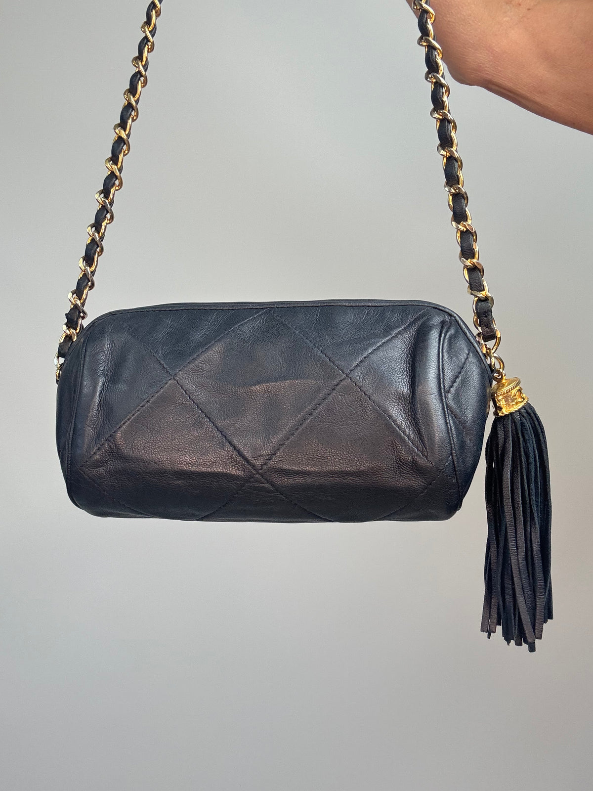 Chanel Vintage 1986–1988 Quilted Lambskin Tassel Camera Bag — Black