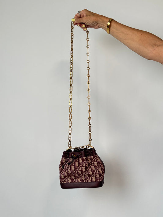 Christian Dior Oblique Drawstring Chain Bucket Bag- Burgundy