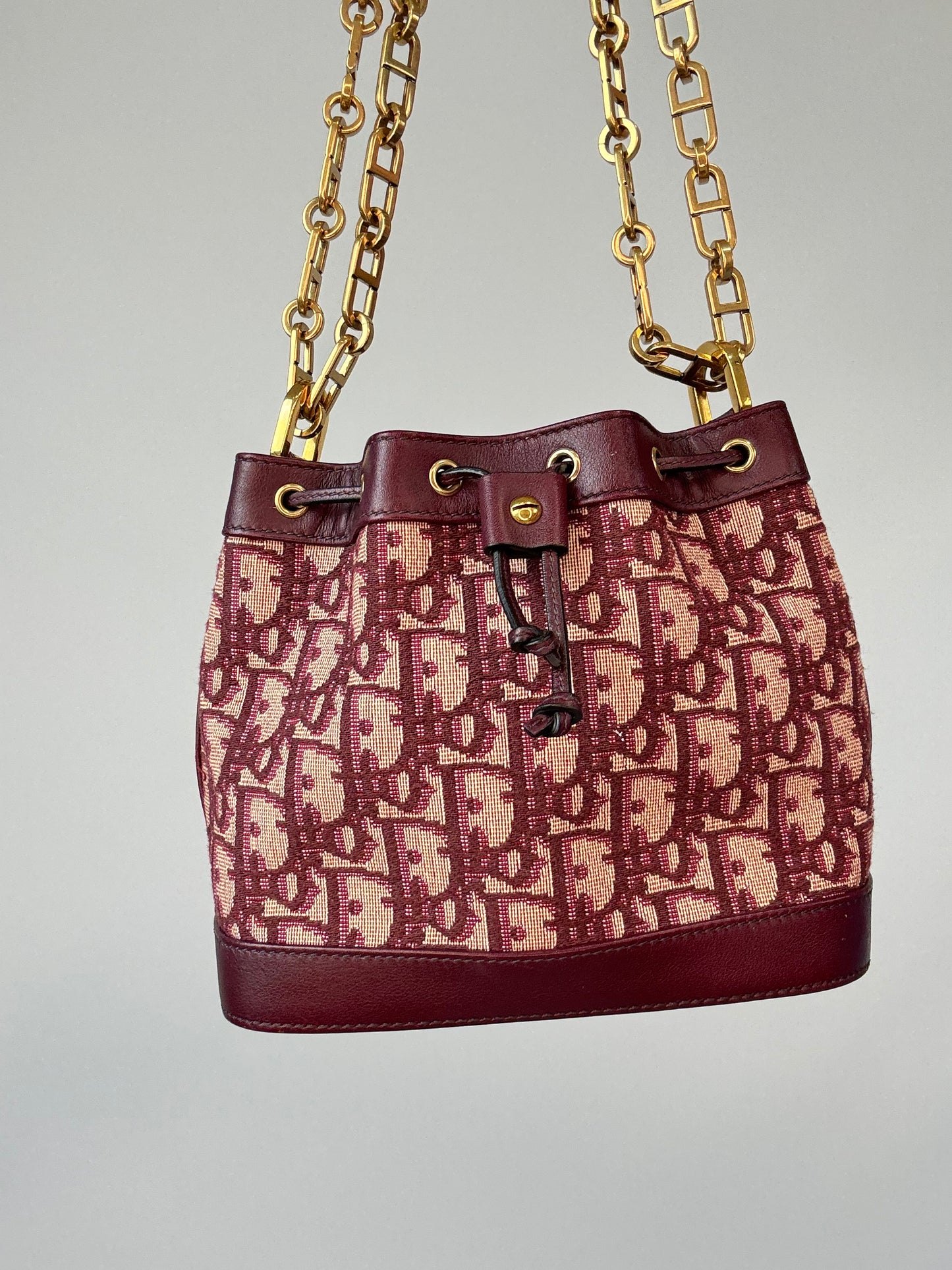 Christian Dior Oblique Drawstring Chain Bucket Bag- Burgundy