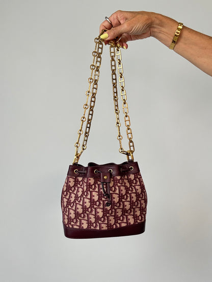 Christian Dior Oblique Drawstring Chain Bucket Bag- Burgundy