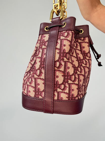 Christian Dior Oblique Drawstring Chain Bucket Bag- Burgundy
