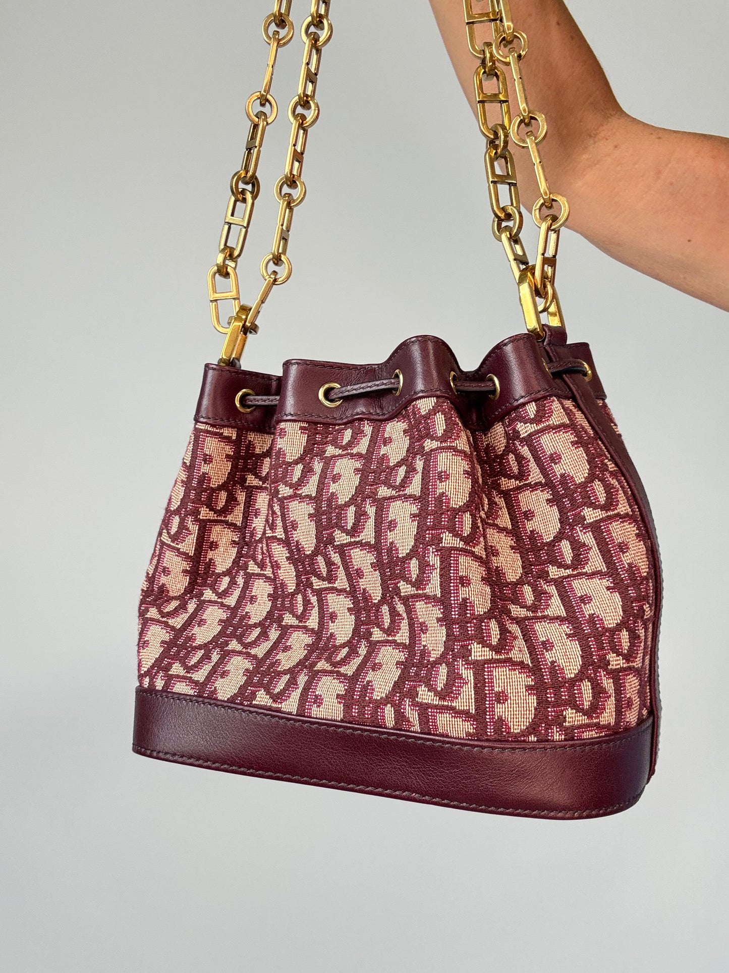 Christian Dior Oblique Drawstring Chain Bucket Bag- Burgundy